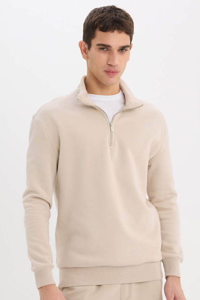 Comfort Regular Fit Relaxed Fit Zippered Basic Sweatshirt - - stone