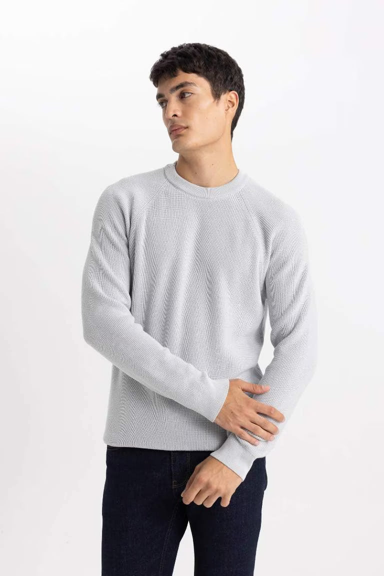 Standard Fit Crew Neck Basic Knitted Pullover - - Heather