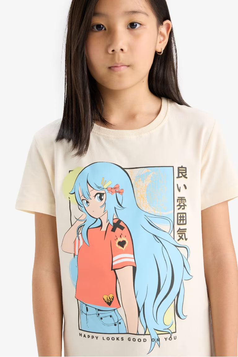 Girl Regular Fit Crew Neck Anime Printed T-Shirt - - Ecru