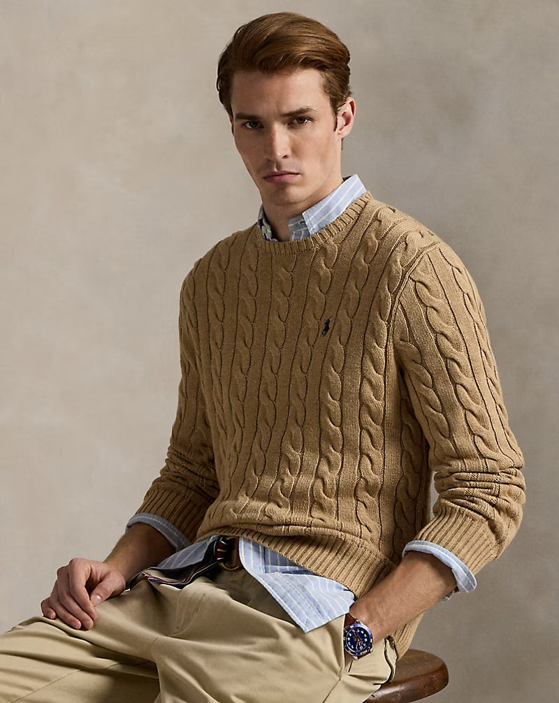 Cable-Knit Cotton Sweater - - camel