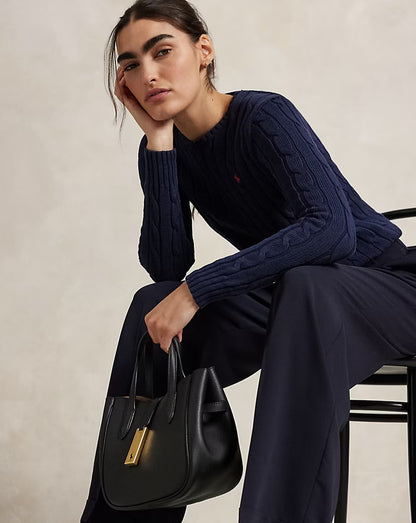 Cable-Knit Cotton Crewneck Sweater - - Navy