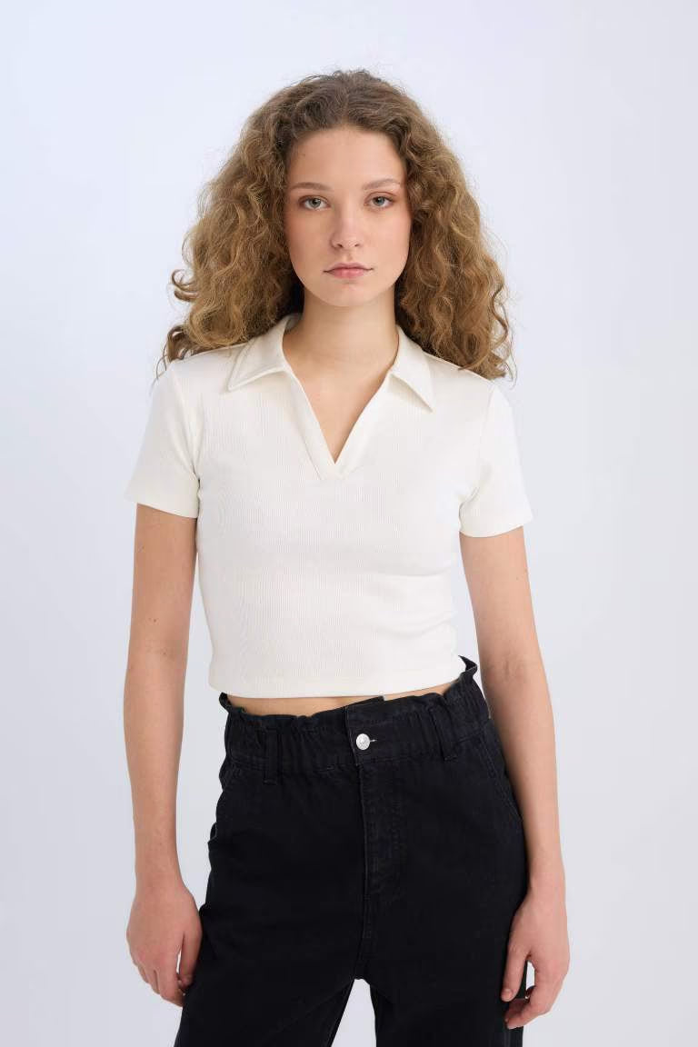 Slim Fit Polo Collar Camisole Short Sleeve T-Shirt - - White