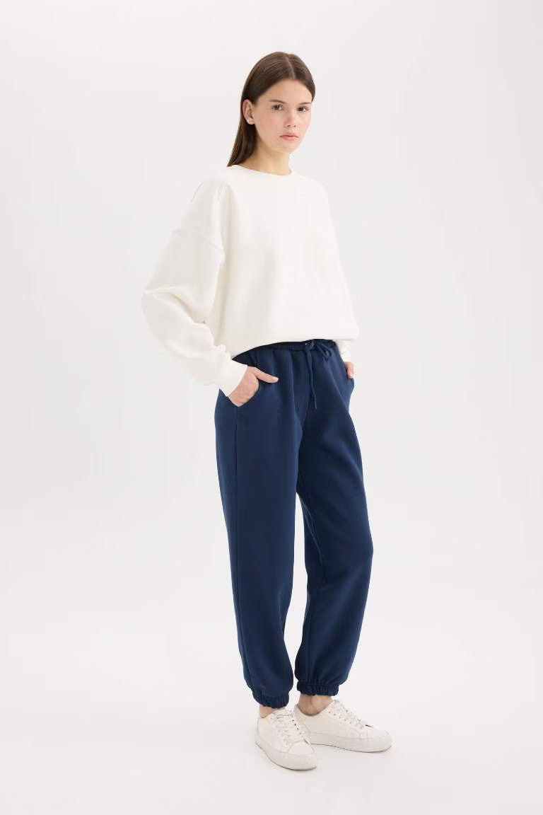 Standard Fit Elastic Leg Thick Fabric Sweatpants - - Navy