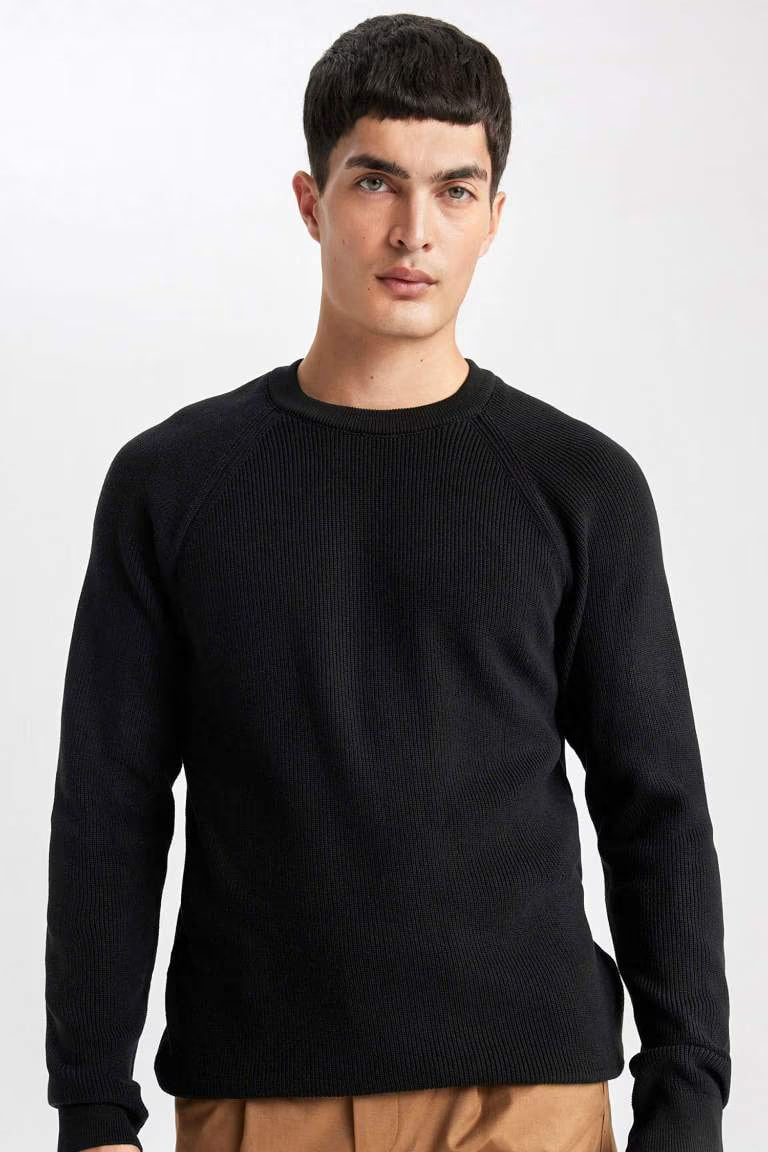 Standard Fit Crew Neck Basic Knitted Pullover - - Black