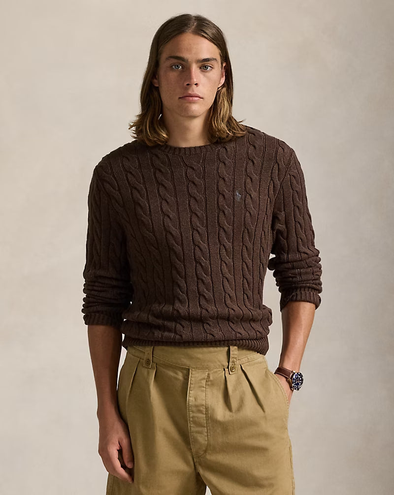 Cable-Knit Cotton Sweater - - Brown
