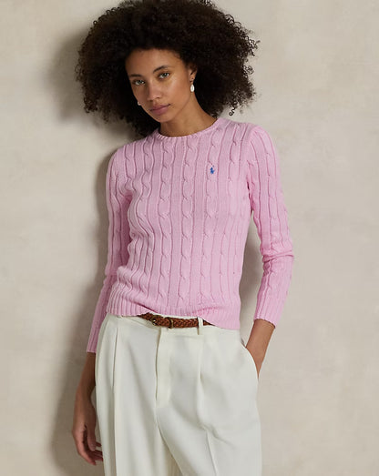Cable-Knit Cotton Crewneck Sweater - - Pink