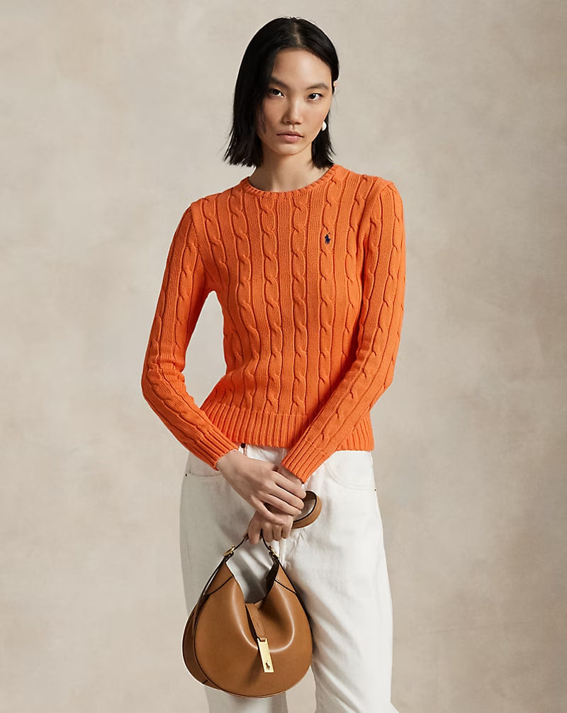 Cable-Knit Cotton Crewneck Sweater - - Orange