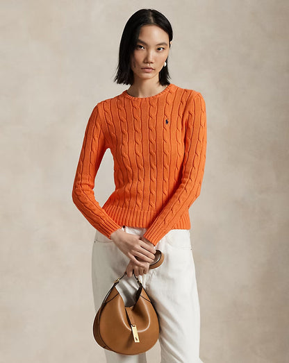 Cable-Knit Cotton Crewneck Sweater - - Orange