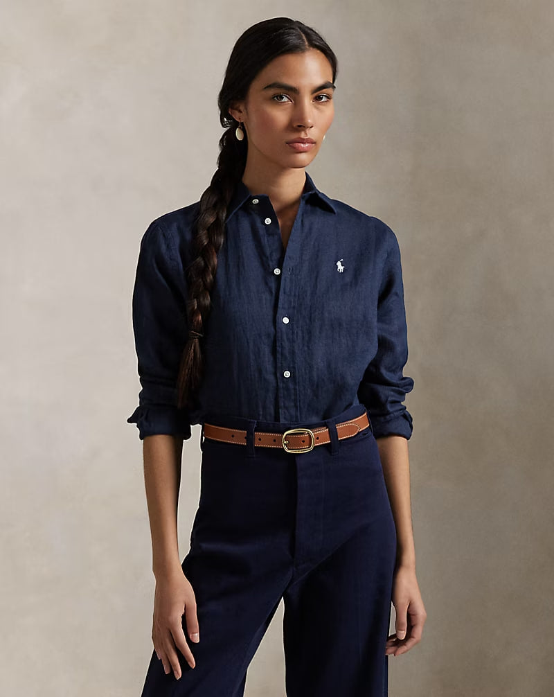 Classic Fit Linen Shirt - - Navy